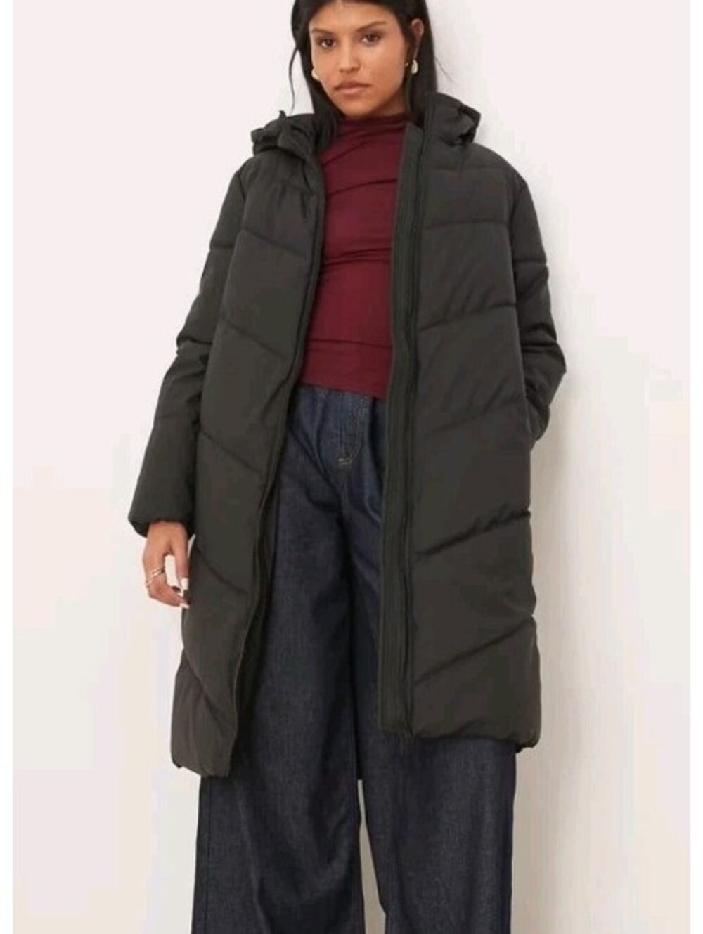 JDY Longline Padded Coat Hooded Chevron Puffer Jacket Black Size M NWOT